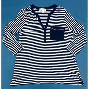 Michael Kors Womens Navy White Striped Long Sleeve V-Neck Zipper Pocket Top L